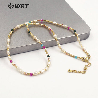 WT-JN222 INS HOT Trendy Colorful Tiny Stone Beads Necklace 16inch Elegant Lady Pearl Gold Beads Choker Necklace for Gift