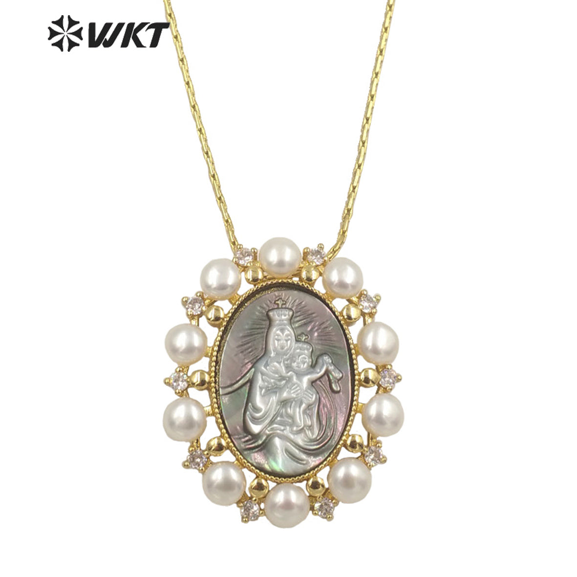 WT-JN166 WKT 2022 Fashion and Noble \White Shell and Pearl Virgin Mary Jesus Necklace for Big Party Women Retro Necklace