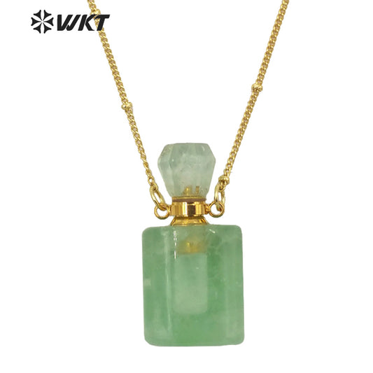 WT-N1285 Wholesale Gold Plated Natural Stone Rose Quartz square Essencial Oil Bottle Necklace Double Loop Perfume Necklace