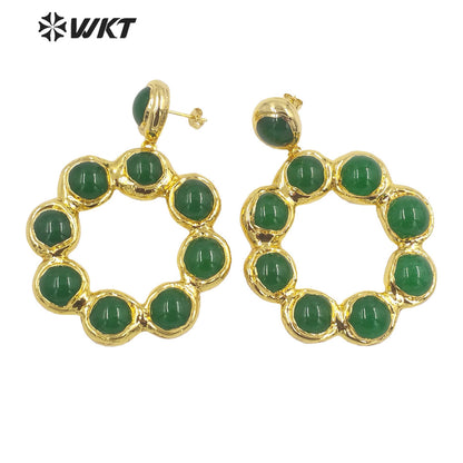 WT-MPE081 Wholesale Fashion Gold Electroplated Freshwater Pearl and Stone Round Ring Earrings Big Dangle Pendant Earrings