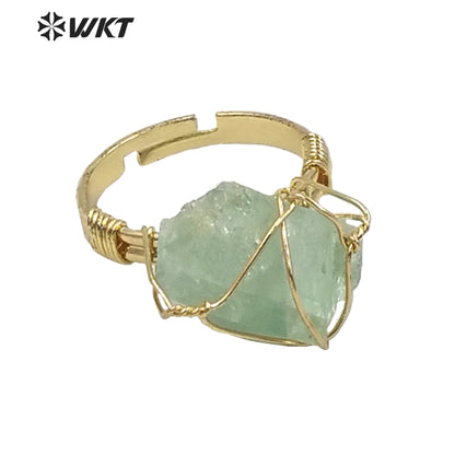WT-R366 WKT New Design Gold Hand Make Wire Wrapped Mineral Stone Ring Women Fashion Hot Raw Quartz Fluorite Ring
