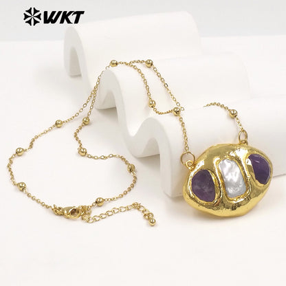 WT-JN403 Delicate Unique 18K Gold Plated Natural Gemstones And Pearl Pendant Necklaces For Girl Party Matching Decorative