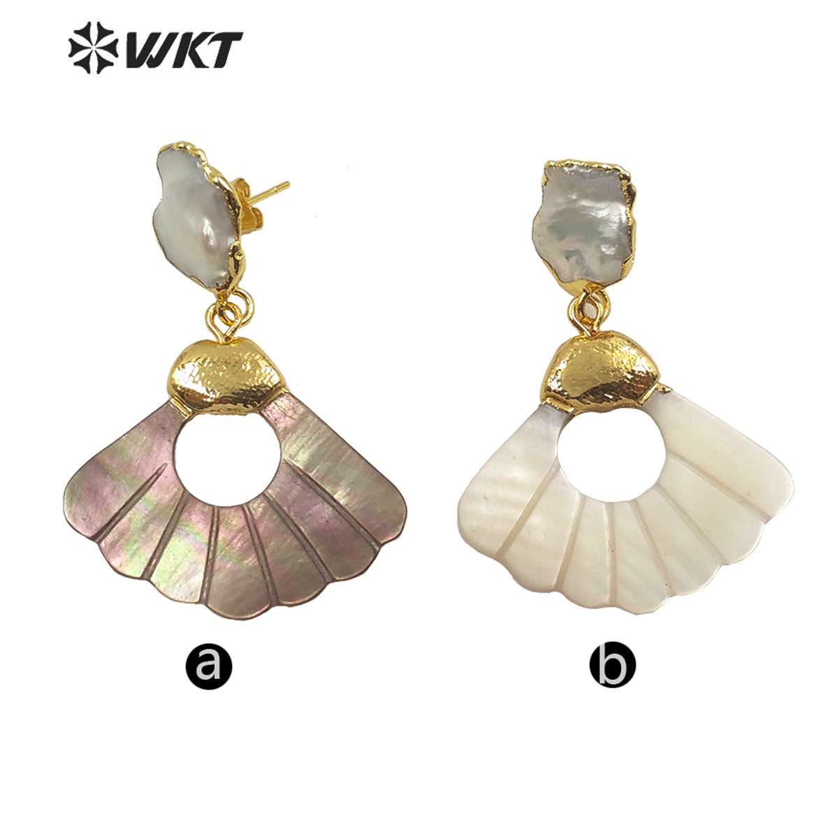 WT-E596 Charming Sector Shape Shell Pearl Earrings Fashion Lady Natural Shell Fan Shape Swing Earrings With Pearl