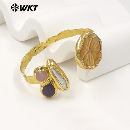 MPB139 Exclusive Unique Design Gold Plated Carved Flower Shape Shell And Natural Stone Pearl Splicing Women Bangles As Gifts
