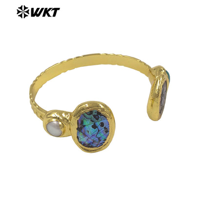 MPB138 Fashion Luxury 18K Gold Plated Natural Shell With Stone And Pearl Cuff Bangles As Women Boho Style Jewelry Gifts