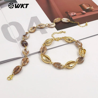 MPB135 Top Fashion Bohemia Style Gold Electroplated Metal And Resin Shell Charms Bracelets For Women Beach Party Matching