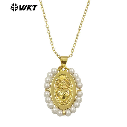 WT-MN993 New Spring Design 2024 Oval Shape Sant Heart Religious Gold Medal Necklace Women Jewelry