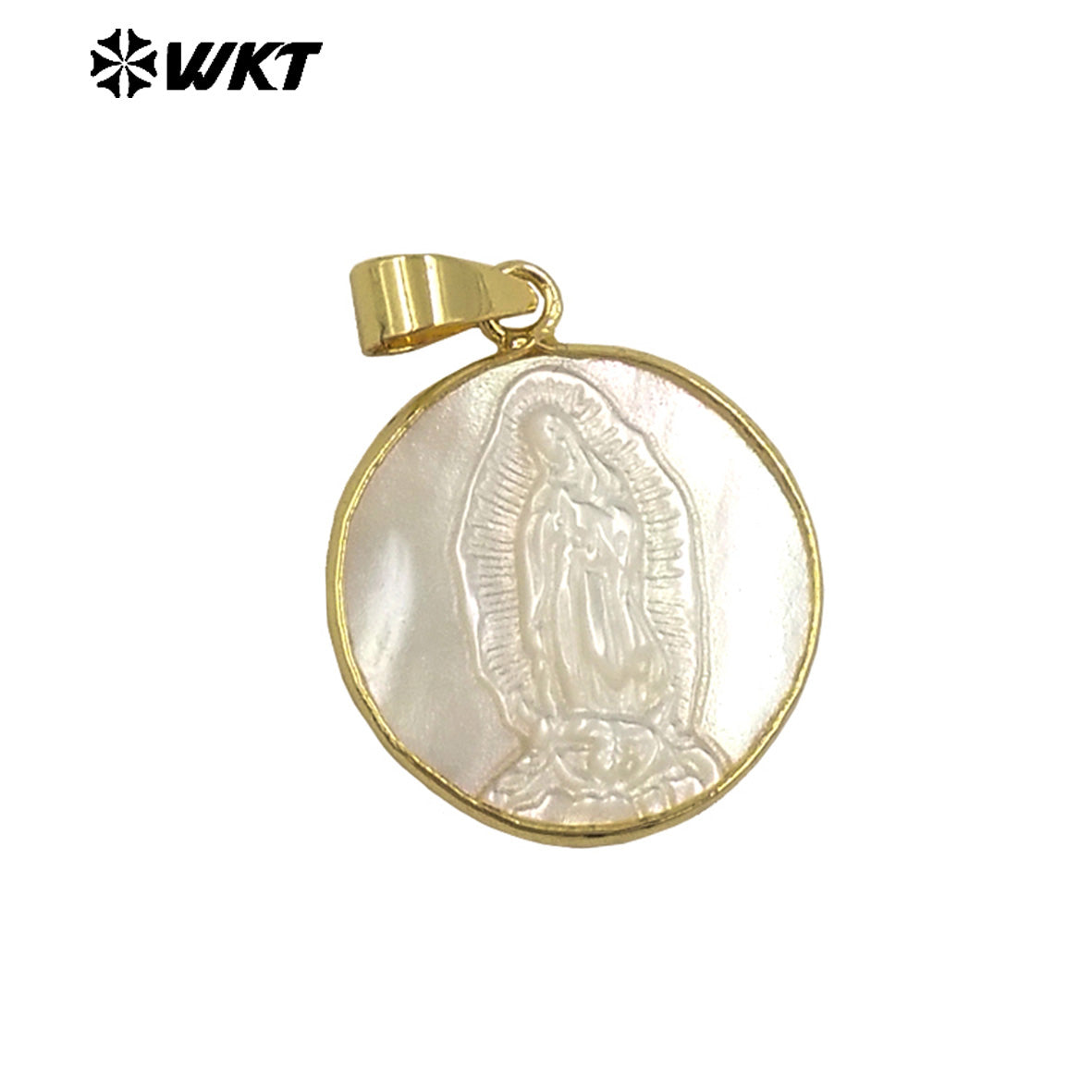 WT-JP042 New Arrival White Shell Virgin Mary Jesus Christ Pattern Round Metal Electroplated for Women Jewelry Shape Pendants
