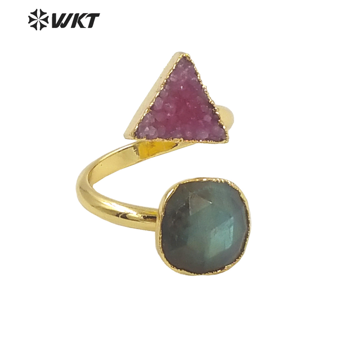 WT-R373 Gorgeous 18k Real Gold Plated Double Druzy Stone Ring Women 10mm Gemstone Gold Ring for Party Elegant Druzy Ring