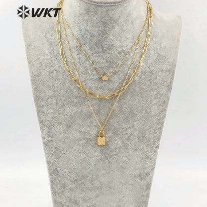 WT-N1304 New Bohemian 18k Real Gold Plated Resist Tarnish Triple Layer Chain Necklace Elegant Trend Gold Metal Choker Necklace