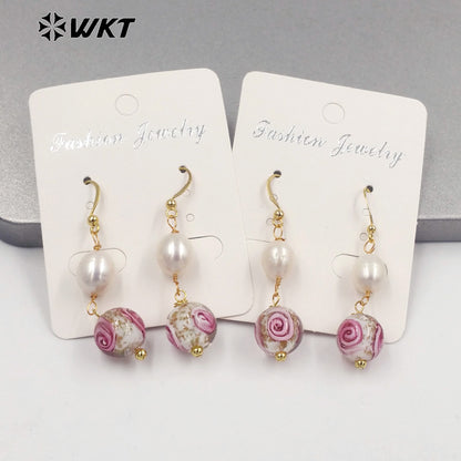WT-MPE098 Latest Style Colour Glaze & Freshwater Pearl Natural Rose 18k Gold Plated Gift Weeding Romantic Pendant Earrings