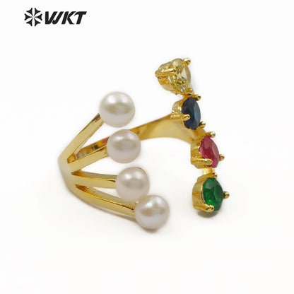 WT-MR005 Wholesale New Design Fashion Four Freshwater Pearls and Four Red Yellow Blue Green Cubic Zircon Ring Multicolor Ring