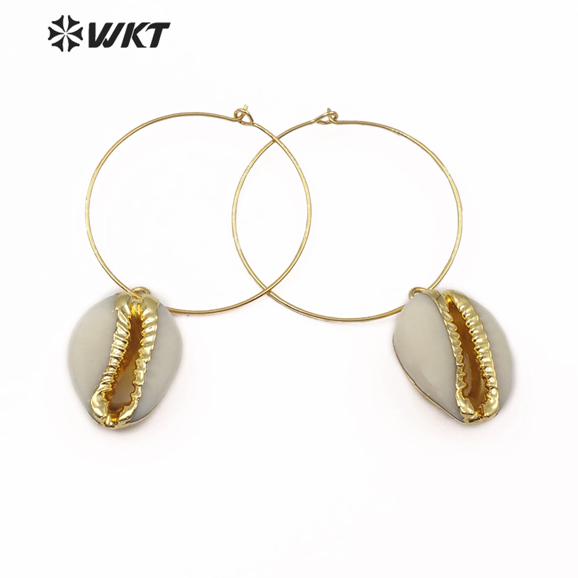 WT-E516 Hot Sale Bohemia Shell Jewelry With 18K Gold Electroplated Natural Cowrie Earring Big Loop Shell Earring