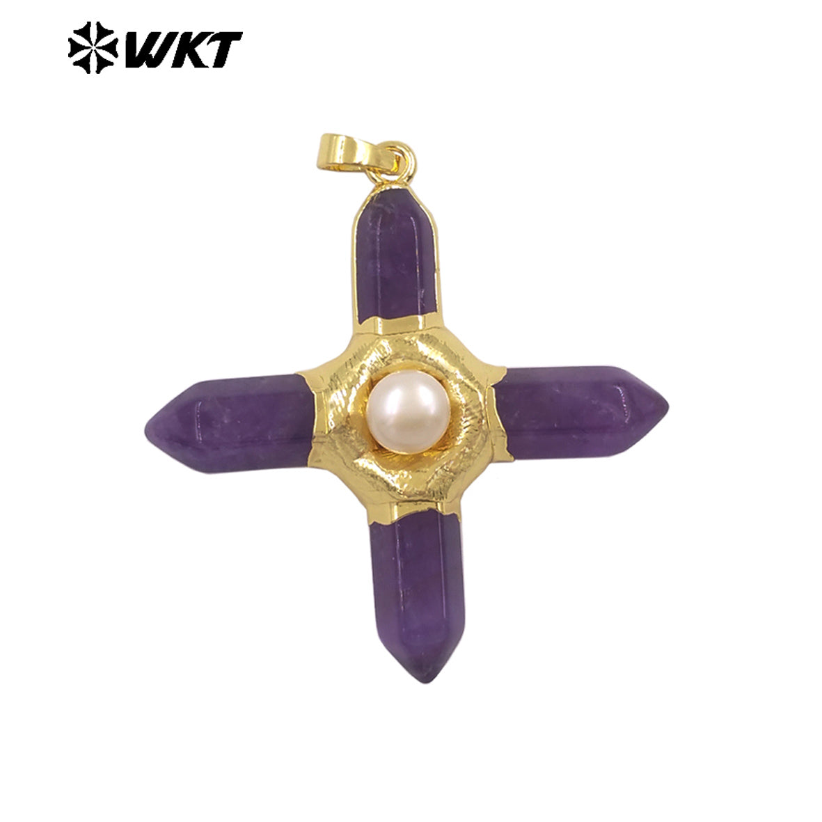 WT-P1967 Wholesale Fashion Gold Plated Cross Healing Energy Gemstone Point Anchor Pendants Special Rose Quartz Jewelry