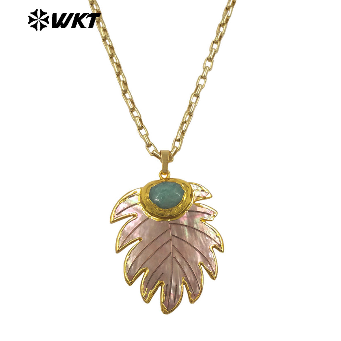 WT-JN377 Trendy 18K Gold Plated Natural Shell And Amazonite Stone Leaf Shape Necklace For Vintage Party Wearing Jewelry