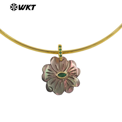 WT-JN390 Luxury Wonderful Zircon And White Shell Flower Shape Pendant Gold Necklaces Choker For Friends Birthday Gifts