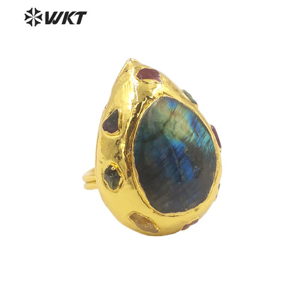 WT-R409 Europe and America Niche Design 18k Gold Plated Rings Labradorite Stone Rings Multi-Gemstone Set Natural Stone Rings