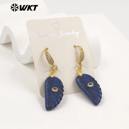 WT-E818 Wholesale Trendy Natural Gemstones Hand Carved Feather Shape Women Gold Earrings For Lady Dance Party Wearing Accessory