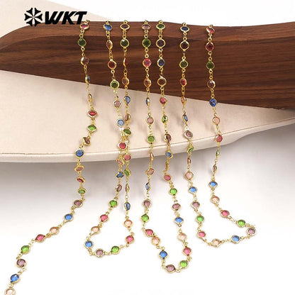WT-BC281 Beautiful Colorful Round Crystal And Gold Electroplated Yellow Brass Metal Chain For Elegant Necklaces Making