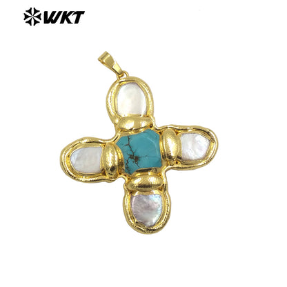 WT-JP401 Exquisite Accessory Pendant With Natural Freshwater Pearl and Turquoise Stone Cross Shape for Jewelry Handmade Gift