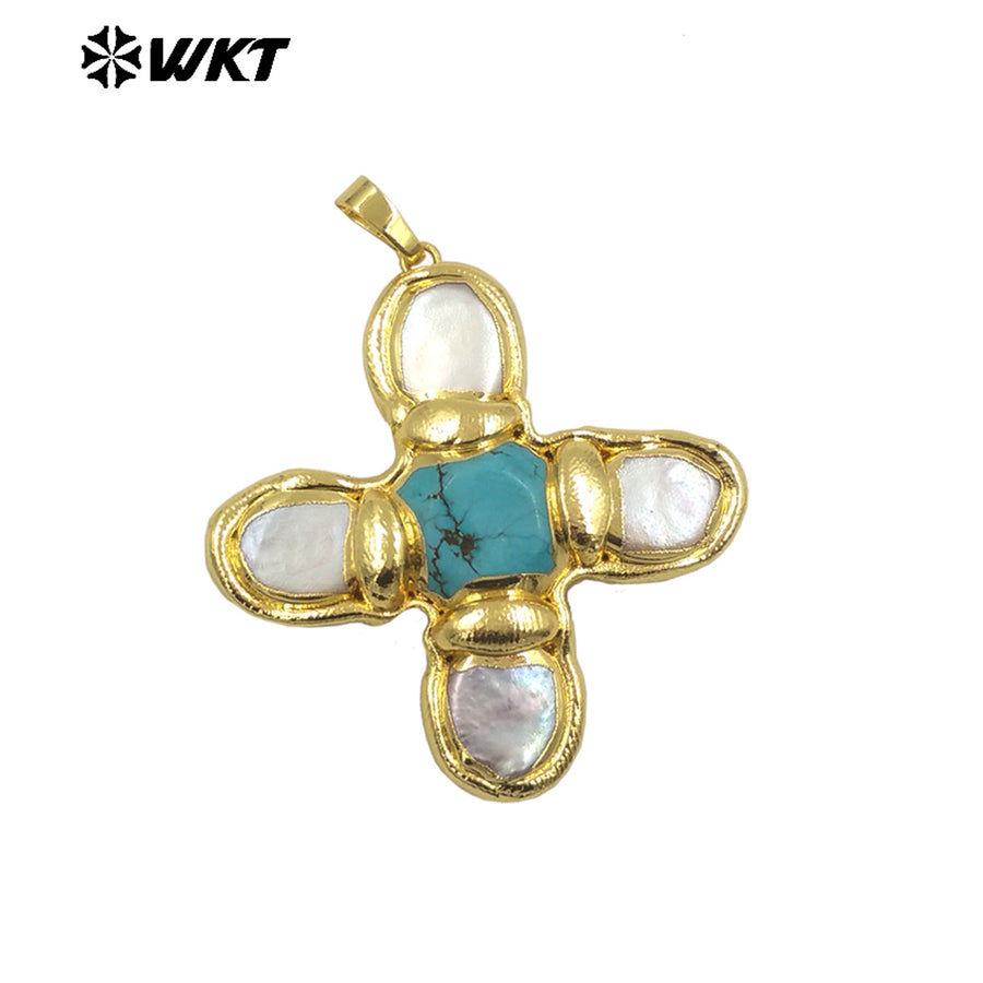 WT-JP401 Exquisite Accessory Pendant With Natural Freshwater Pearl and Turquoise Stone Cross Shape for Jewelry Handmade Gift
