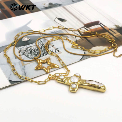 WT-JN366 Vintage 18K Gold Plated Natural Freshwater Pearl Cross And Flower Star Pendant Double Layers Necklace As Party Gifts