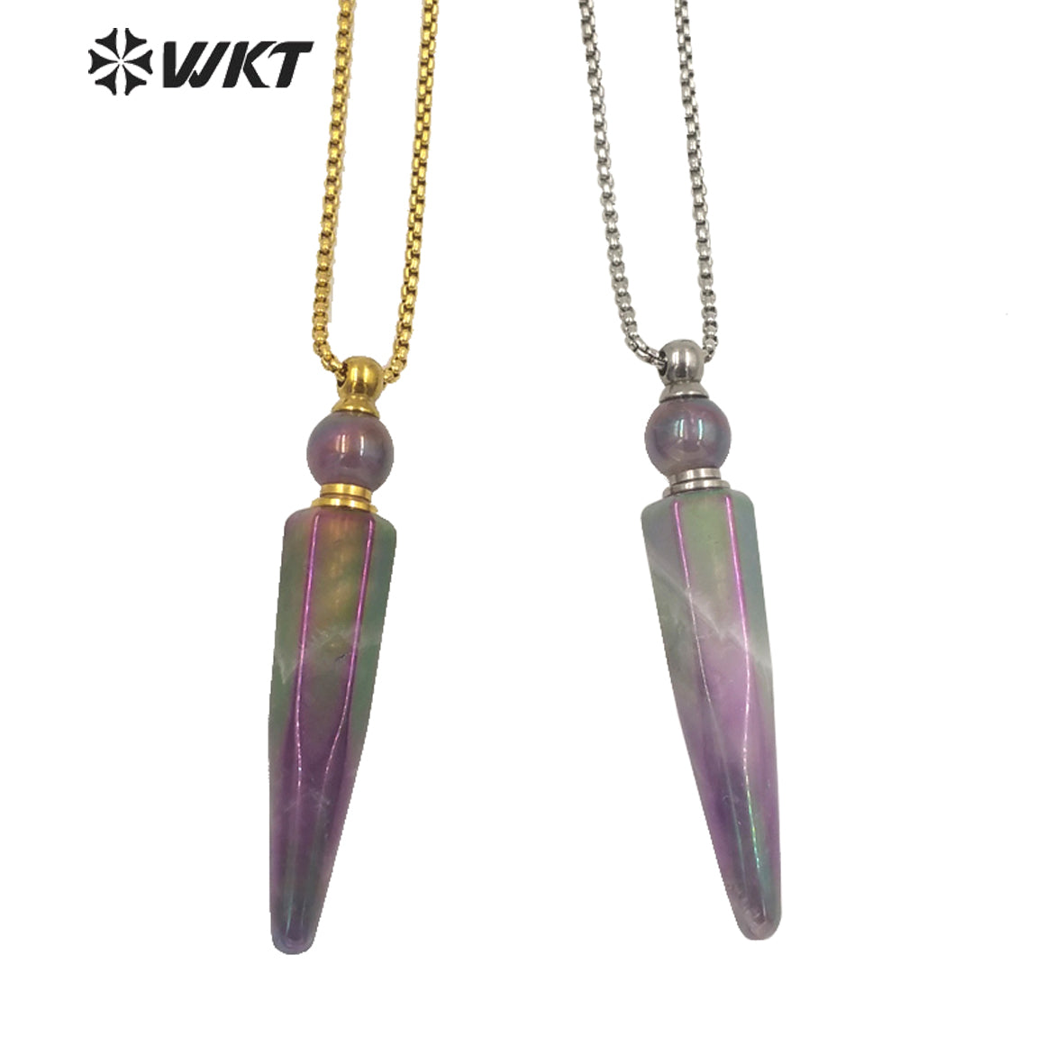 WT-N1282 Wholesale Long Bullet Shape Aura Amethyst Essencial Oil Necklace Lady Natural Stone Perfume Bottle Necklace
