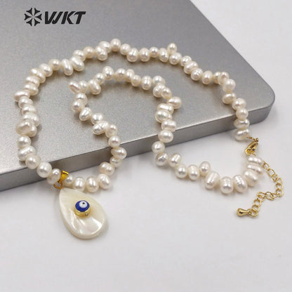 WT-JN115 Wholesale 16" Natural Pearl Beads Necklace With Eye Charm Shell Pendant Fashion Lady Jewelry Pearl Necklace