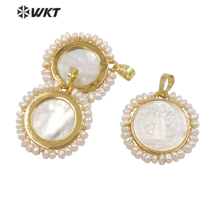 WT-JP257 Wholesale Handmade Wire Wrapped with Pearl Our Blessed Joseph of Cupertino Jewelry Pendant Gold Savior Cross Pendant