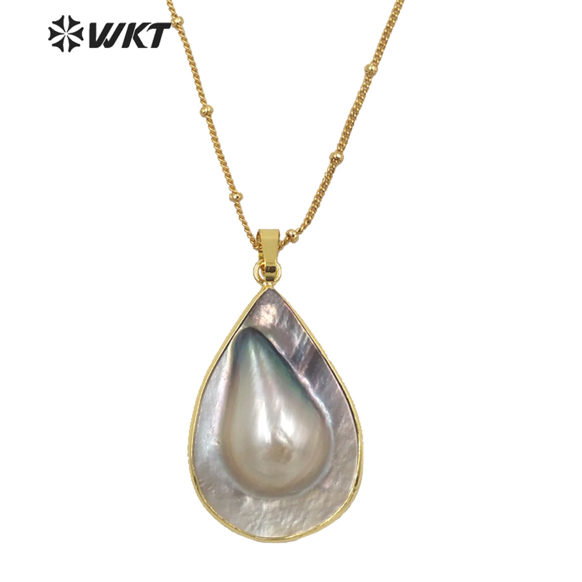 WT-JN145 WKT New Natural Black Mother of Pearl Drop Necklace Fashion Gold Precious Teardrop Black Shell Pendant Necklace