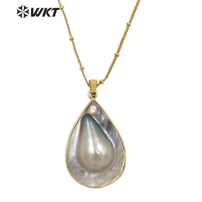 WT-JN145 WKT New Natural Black Mother of Pearl Drop Necklace Fashion Gold Precious Teardrop Black Shell Pendant Necklace
