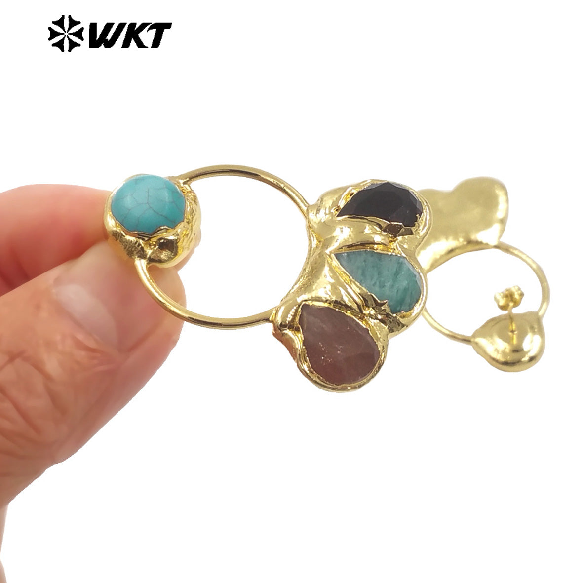 WT-E755 WKT Exclusive Hand Made Multi Natural Stone Big Statement 18K Gold Plated Water Drop Pendant Earrings