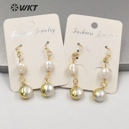 WT-MPE057 Elegant Style Long Dangle Natural Freshwater Pearl Earrings Fashion Chic Round Pearl Gold Pearl Earrings
