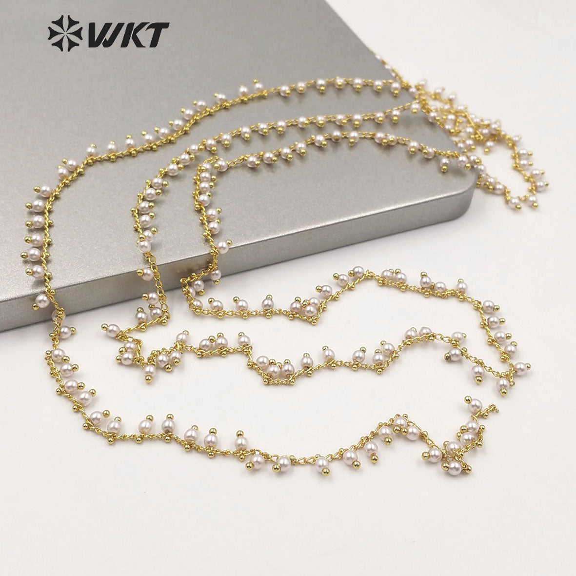 WT-RBC167 Gorgeous Hand Make Shell Pearl Beads Chain for Fashion Jewelry Design Gold Electroplated 4mm Beads Necklace Chain