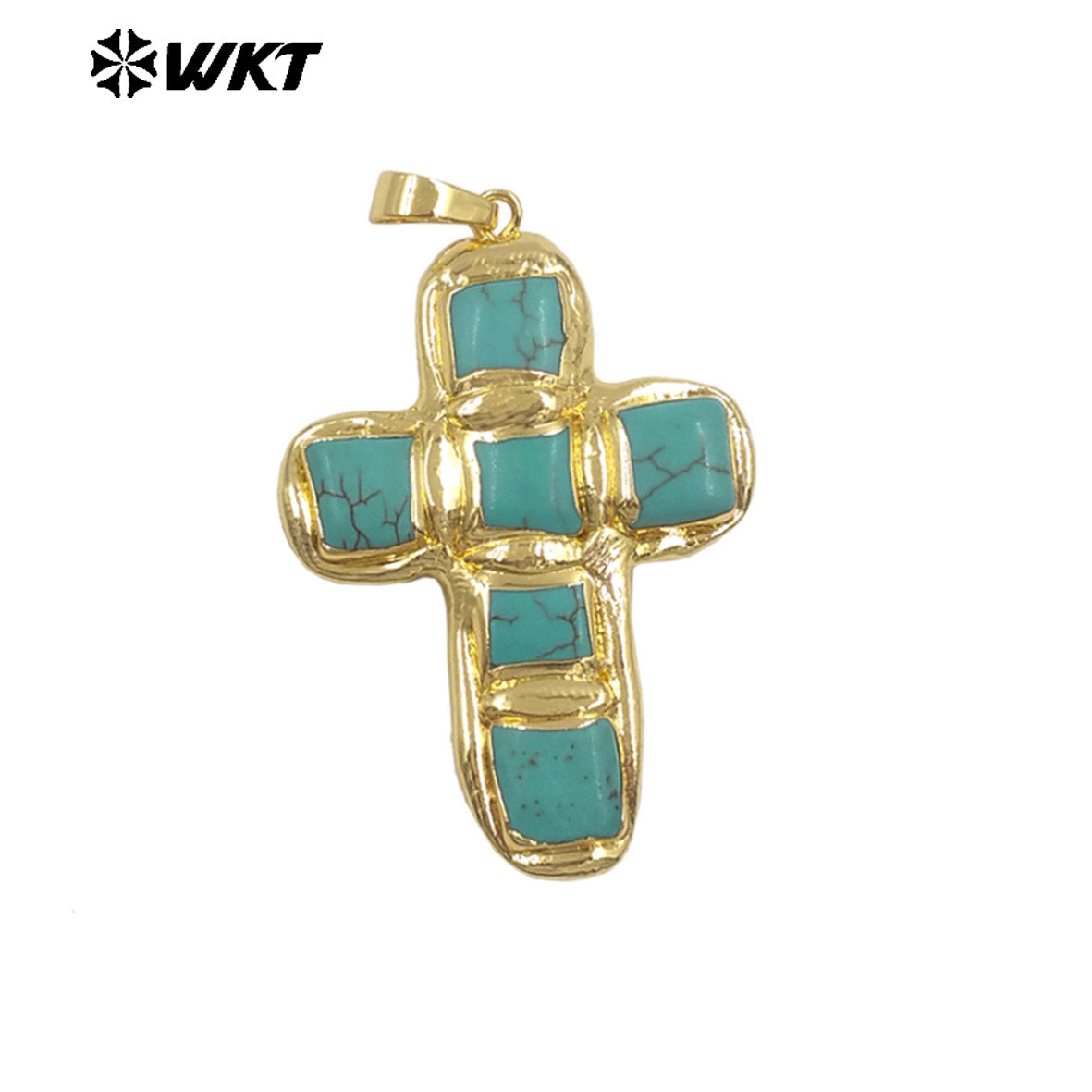 WT-P2037 Newest Religious Style Gold Plated Square Six Natural Turquoise Stones Cross Pendants For Handmade Fashion Gifts