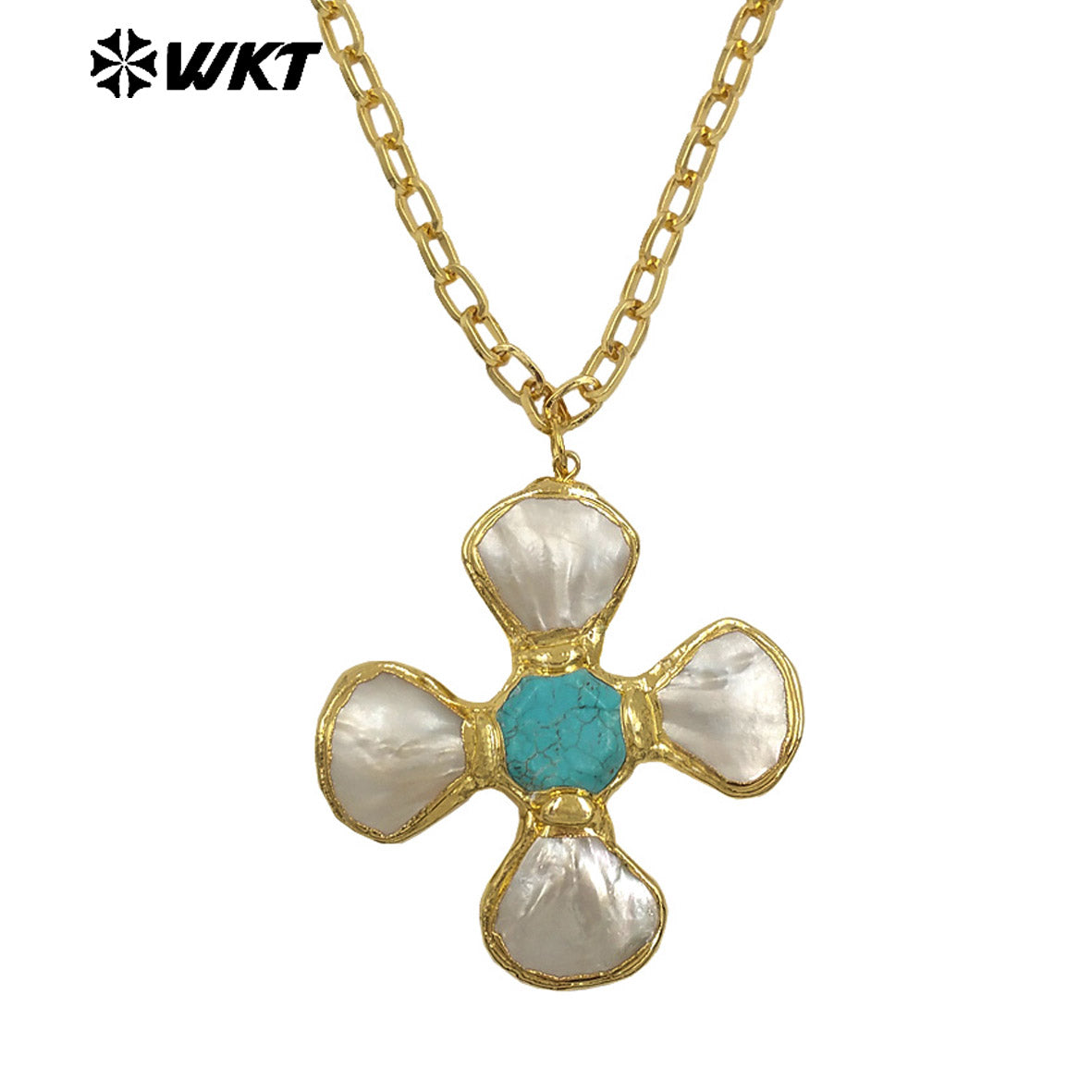 WT-JN346 Popular 18K Gold Plated Natural Turquoise Amethyst Stones And Shell Flower Shape Pendant Necklace As Party Jewelry