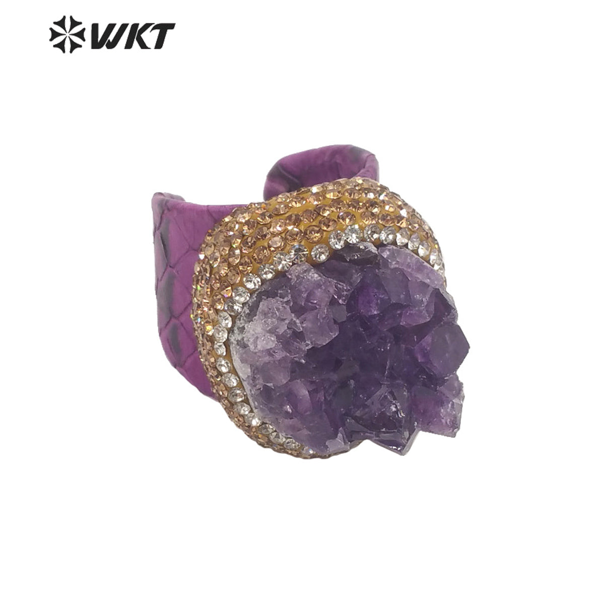 WT-R431 WKT New Design Rhinestone Hand Paved Natural Druzy Amethyst Stone Ring Women Gorgeous Genuine Leather Vintage Stone Ring