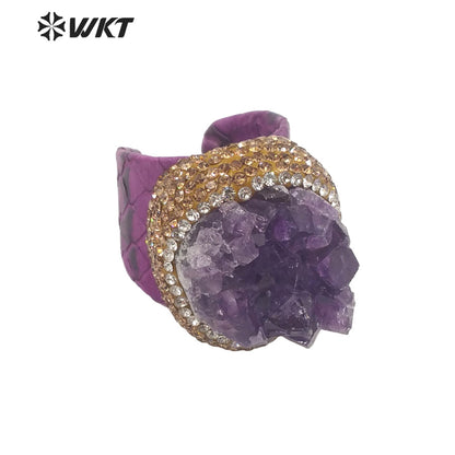 WT-R431 WKT New Design Rhinestone Hand Paved Natural Druzy Amethyst Stone Ring Women Gorgeous Genuine Leather Vintage Stone Ring
