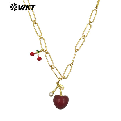 WT-JFN37 Romantic Fashion Fruits Necklace Double Charms Gold Plated Yellow Brass With Drop Oil As Girlfriend Jewelry Gift