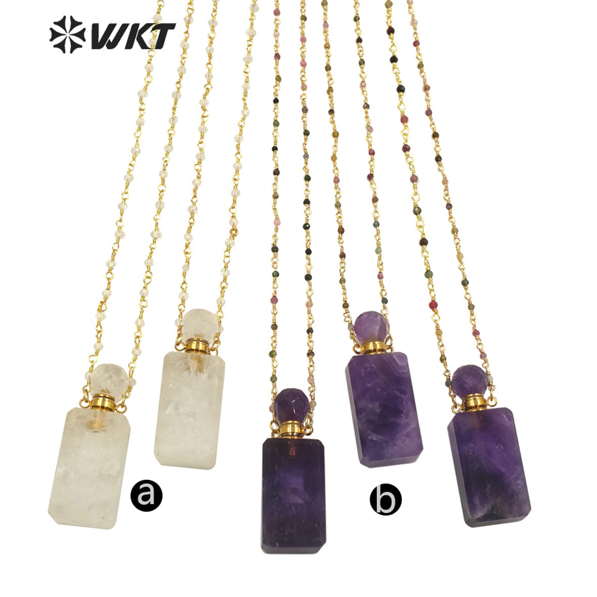 WT-N1276 Wholesale Natural Long square Stone Quart Perfume Bottle Necklace Colorful Tourmaline Beads Rosary Chain Perfume Bottle