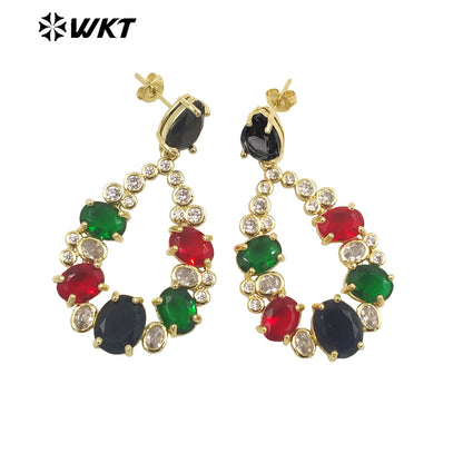 WT-ME087 Wholesale Fashion Micropaved Setting Cubic Zircon Dangle Earrings Studs 18k Real Gold Plated Teardrop Women Earrings