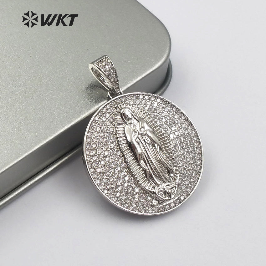WT-MP106 New Arrival Gold or Silver Color for Women Virgin Mary Medallion Pendant Round Shape Dainty Cubic Zirconia Pave Pendant