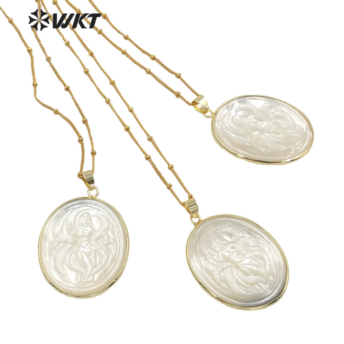 WT-JN144 Fashion Gold Plated the Beauty Girl Handmade Carve Big Mother of Pearl Pendant Necklace Gold Bezel White Shell Necklace