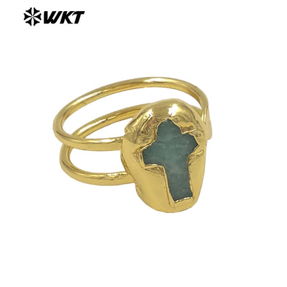 WT-R600 Popular Wonderful 18K Gold Plated Natural Gemstones Cross Shape Adjustable Rings For Lady Daily Wearing Jewelry