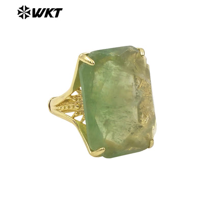WT-R515 Wholesale Fashion Gold Plated Natural Rainbow Fluorite Stone With Claw Setting Long Square Women Ring