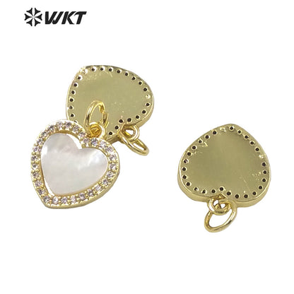 WT-MP199 Newest Tiny Charm Natural Mother of Pearl Shell With CZ Setting Lady Gold Bezel White Heart Charms in Shell