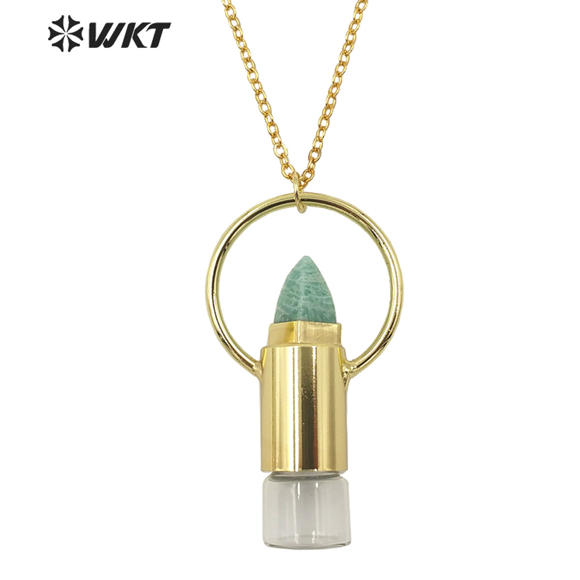 WT-N1295 WKT Women Bohemian Style Gold Plated Roll Gemstone Perfume Bottle Necklace Big Healing Stone Quartz Perfume Bottle