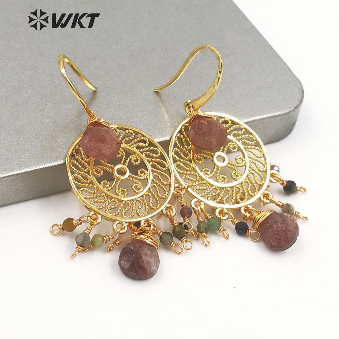 WT-E695 Bohemia Fashion Gold Gypsy Earrings with Natural Gemstone Made Dangle Earrings Handmade DIY Stone Hoop Earrings