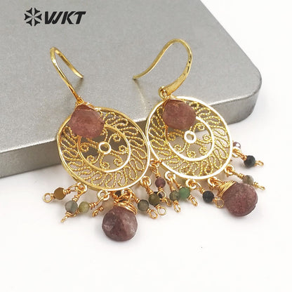 WT-E695 Bohemia Fashion Gold Gypsy Earrings with Natural Gemstone Made Dangle Earrings Handmade DIY Stone Hoop Earrings