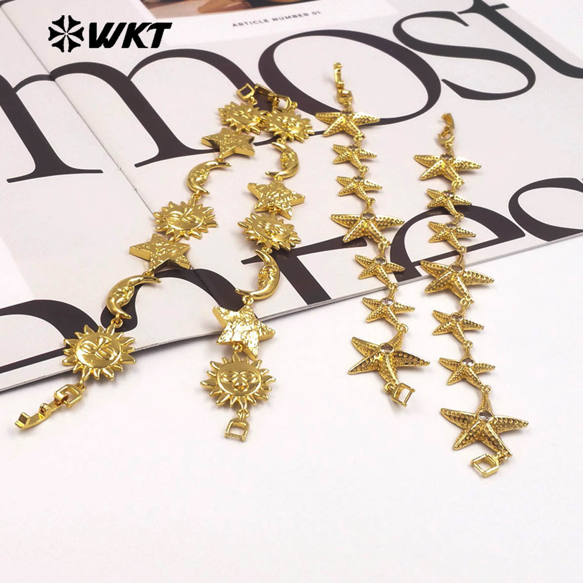 WT-JF373 Exquisite Gold Plated Metal Yellow Brass Moon Sun Star Charms Connected Bracelets For Friends Trendy Jewelry Gift